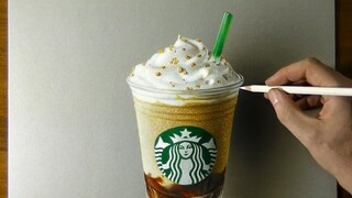 Vẽ một tách Frappuccino, kem đào ra bằng thìa khá ngọt!