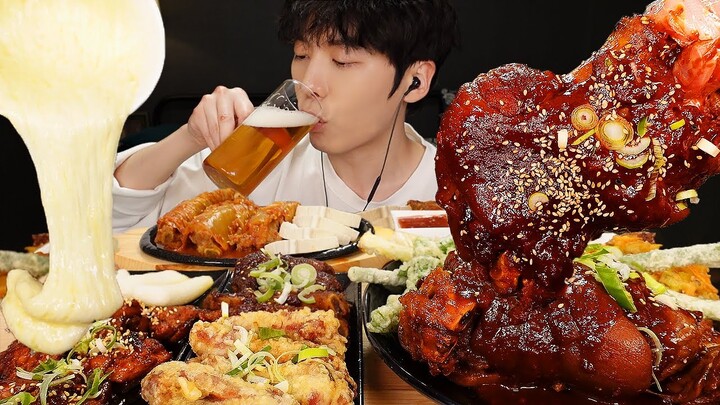 ASMR MUKBANG | 대왕  통 돼지 종아리찜 치즈 김치 등갈비 튀김 먹방 FRIED RIBS AND korean street food EATING