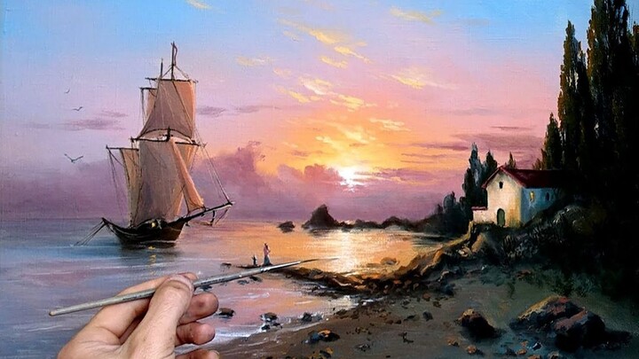 Lukisan cat minyak】Dengan sisa cahaya matahari terbenam, kami berlayar