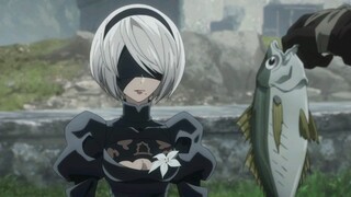 "2B is so cute when she shakes her head to avoid eating fish!"