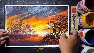 Melukis susnset dan galaxy - Acrylic painting