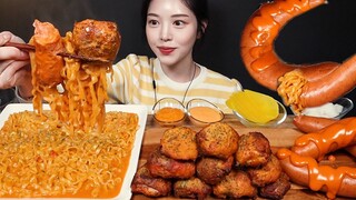 SUB)꾸덕매콤 크림진짬뽕에 굽네 고추바사삭 치킨 먹방! 불닭마요 킬바사까지 꿀조합 리얼사운드 Chicken & Cream Noodles Mukbang Asmr