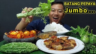 LALAPAN JENGKOL TUA MENTAH  BATANG PEPAYA MENTAH IKAN ASIN PEDA SAMBAL + IKAN PARI SAMBAL TAUCO