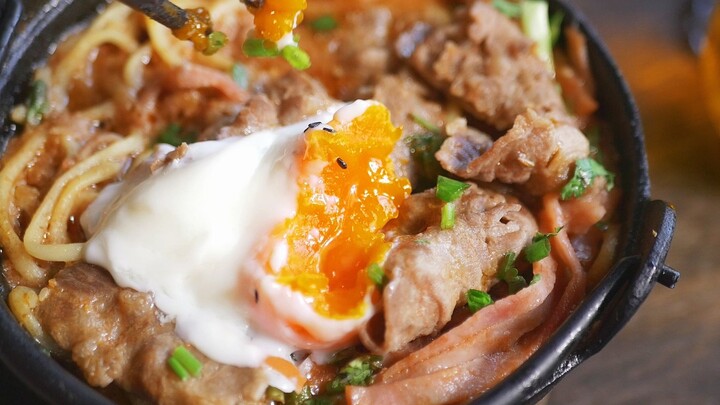 Food making- Noodles served with tomato & beef & spring egg