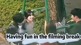 Zhao Lusi , Chen Zheyuan and Victa Ma having fun during filming break of #hiddenlove