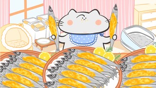 -Cute cat animation eating show｜Camaro's immersive crispy capelin~