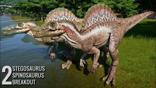 Jurassic World Evolution - 2 Stegosaurus & 2 Spinosaurus Breakout & Fight! (1080p 60FPS)