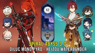 C2 Diluc Mono Pyro and C3 Heizou Waterbender - Genshin Impact Abyss 3.0 - Floor 12 9 Stars