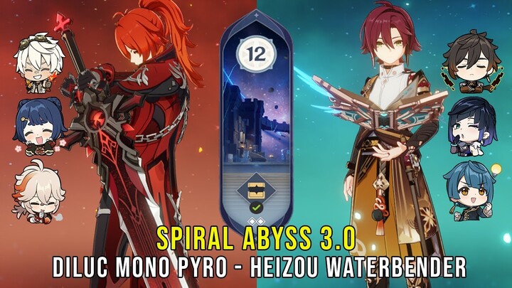 C2 Diluc Mono Pyro and C3 Heizou Waterbender - Genshin Impact Abyss 3.0 - Floor 12 9 Stars