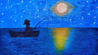 Menggambar pemandangan laut malam hari || Cara menggambar bulan purnama