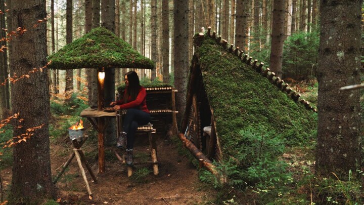 ASMR| Building camp in the Woods: DIY umbrella & Outdoor cooking Area |Bushcraft skills.