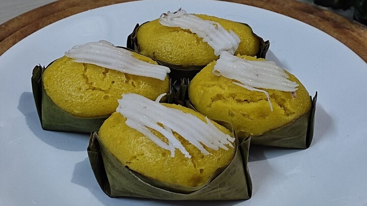 ขนมฟักทองฟูในกระทงใบตอง #ขนมไทย