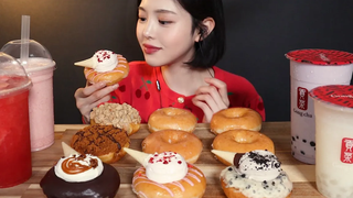 SUB) 🍩🥤 Donut bubbletea dessert mukbang ASMR