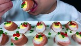 ASMR steamed quail eggs with sausage eating show