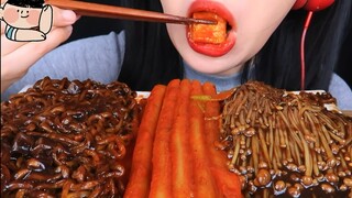 Mukbang mì tương đen với bánh gạo cay ăn kèm nấm kim châm sốt tương đen #mukbang #ASMR