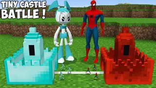TEENAGE ROBOT TINY CASTLE vs SPIDER MAN TINY CASTLE ! Smallest SUPERHERO Castle Battle in Minecraft