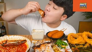 Mukbang gà quay với mì Hàn Quốc p4 #anngon