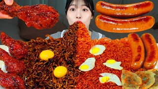 ASMR MUKBANG| 직접 만든 불닭볶음면 양념치킨 소세지 먹방 & 레시피 FRIED CHICKEN AND FIRE NOODLES EATING