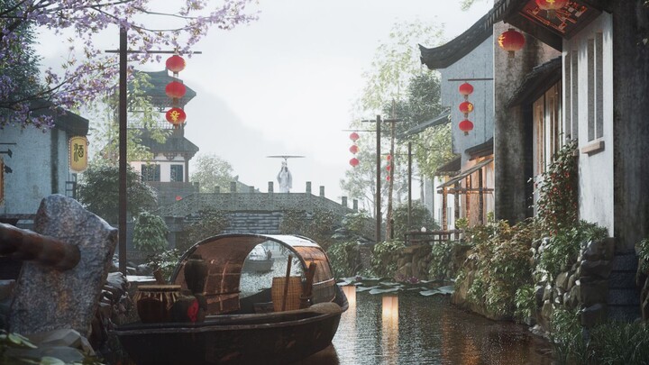 Riding in the misty rain, the ancient town is leisurely - try to use the D5 renderer to make a MV (D