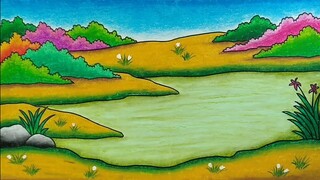 Menggambar pemandangan alam || Cara menggambar dan mewarnai danau