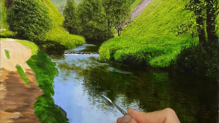 Lukisan cat minyak】Sungai yang mengalir tenang di aliran gunung