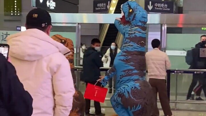 Father and son met at the airport in dinosaur costumes, attracting crowds of onlookers, so much fun