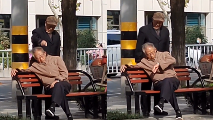 The old man was waiting for his old friend on the street, but unexpectedly his old friend was alread