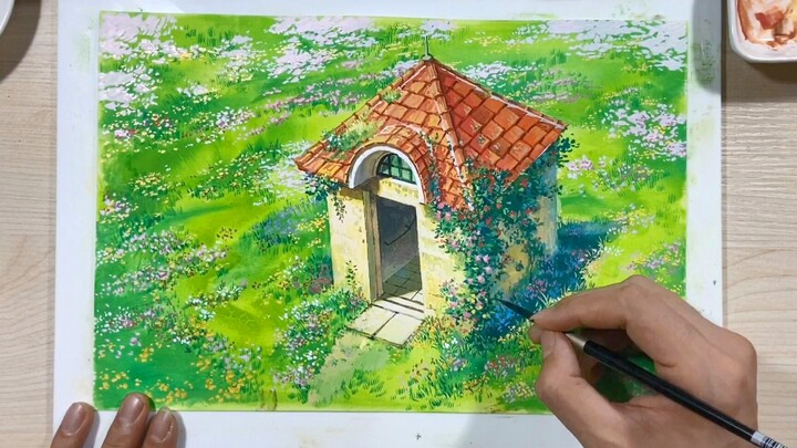 Opaque watercolor painting process of Howl's Moving Castle