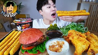 ASMR MUKBANG 햄버거 & 치즈 스틱 & 치킨먹방! HAMBURGER & FRIED CHICKEN & CHEESE STICK EATING SOUND!