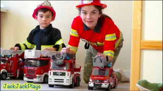 Firefighter Costume Pretend Play! Fire Trucks and Emergency Vehicle Toys for Kids! | JackJackPlays