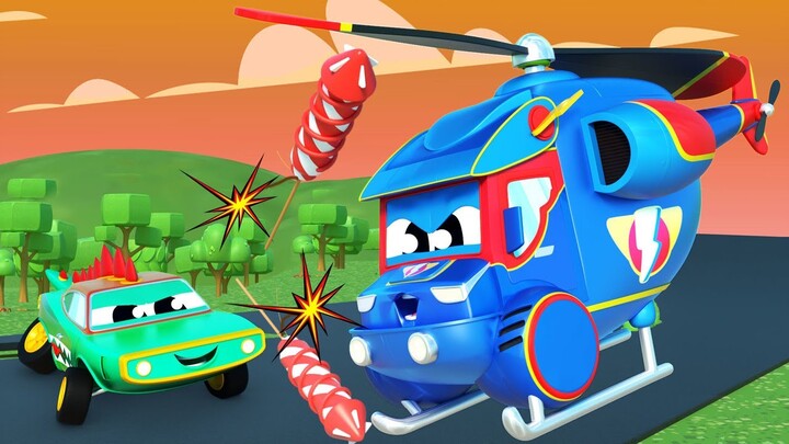 Truk super Helikopter Super menangkap pencuri kembang api - Kota Mobil - Kartun Truk untuk anak-an