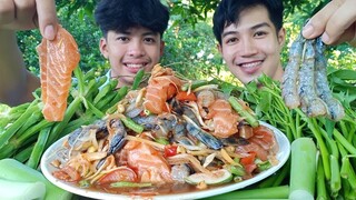 ตำกุ้งสดแซลมอน !! กุ้งสดหวานกรอบ แซลมอนนุ่มละมุน แซ่บสุดๆ