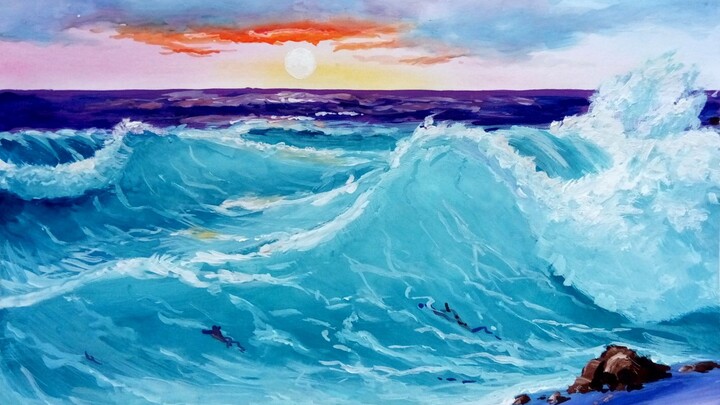 Matahari terbenam di lautan, proses melukis yang menenangkan.