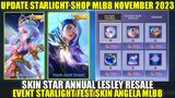 UPDATE STARLIGHT SHOP MLBB NOVEMBER 2023! SKIN STAR ANNUAL LESLEY RESALE,NEW SKIN STAR ANNUAL ANGELA