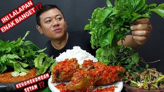 MAKAN AYAM PEDAS CABE SETAN + LALAPAN MENTAH + TUMIS DAUN PEPAYA + SAMBAL TERASI + IKAN ASIN