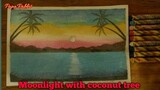 How to draw Moonlight with coconut trees using Oil Pastels