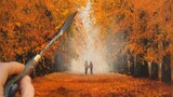 【ภาพวาดอะคริลิก】เพลิดเพลินกับความเงียบสงบ คู่รักจับมือกันในป่าเมเปิ้ล