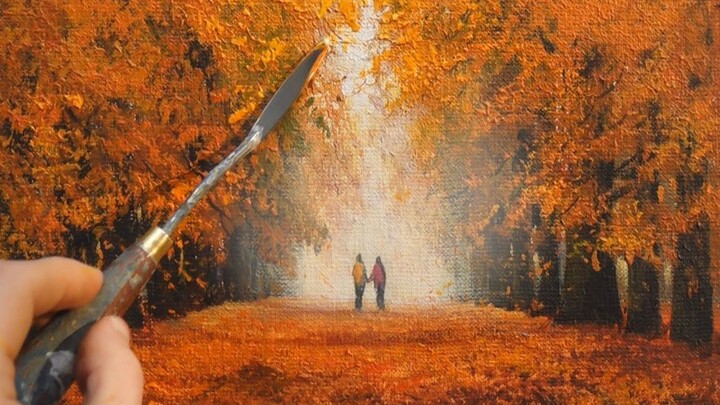 Lukisan akrilik】Menikmati ketenangan, kekasih berpegangan tangan di hutan maple