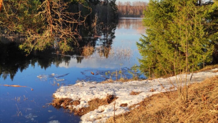 Beautiful nature in Russia in spring. Sunset and high water