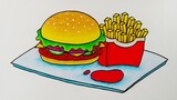 Cara menggambar makanan cepat saji || Menggambar burger dan kentang goreng
