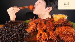 Mukbang mực sốt cay Hàn Quốc phần 1 #anngon