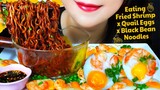 ASMR COOKING FRIED QUAIL EGGS WITH SHRIMPS AND BLACK BEAN NOODLES EATING SOUNDS | LINH-ASMR