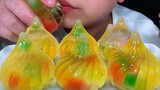 Different chewing sounds while eating colored ice dumplings with jelly fillings