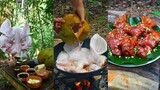 Survival Cooking Pork Head BBQ Recipe with Coconut Water - Cook Pig Head BBQ Eating So Yummy