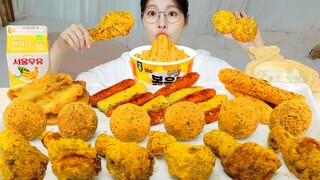 ASMR MUKBANG| 직접 만든 뿌링클볶음면 양념치킨 치즈스틱 치즈볼 먹방 & 레시피 FRIED CHICKEN AND FIRE NOODLES EATING