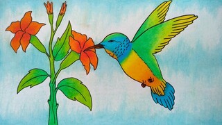 Menggambar burung dan bunga || Menggambar burung kolibri || Menggambar bunga sepatu