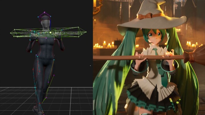 Top-notch motion capture for Hatsune Miku dancing with dual brooms