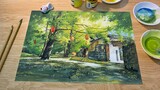 Opaque watercolor, house in ginkgo forest