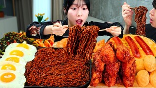 ASMR MUKBANG| 직접 만든 불닭 짜장 버섯 양념치킨 소세지 먹방 & 레시피 FRIED CHICKEN AND FIRE NOODLES EATING