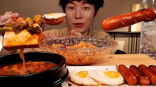 [Mukbang] Ăn cơm trộn, canh đậu phụ cay, trứng chiên và xúc xích